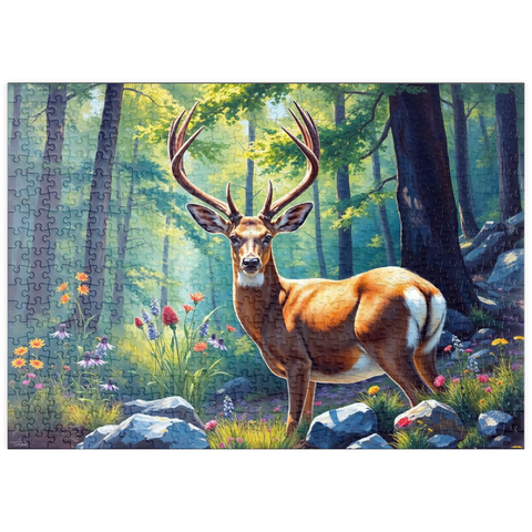 Darstellung des Puzzle Motivs Majestätischer Hirsch in einem sonnenbeschienenen Wald mit Wildblumen puzzleplate Majestic Deer in a Sunlit Forest with Wildflowers 500 Puzzle