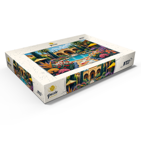 Alternative Darstellung des Puzzle-Motivs Mediterraner Innenhofgarten mit Pool und bunten Blumen – Puzzleteile: 1000