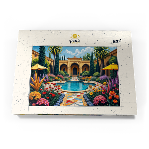 Darstellung des Puzzle Motivs Mediterraner Innenhofgarten mit Pool und bunten Blumen Mediterranean Courtyard Garden with Pool and Colorful Flowers 1000 Puzzle Schachtel Ansicht3