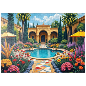 Darstellung des Puzzle-Motivs Mediterraner Innenhofgarten mit Pool und bunten Blumen – Puzzleteile: 1000