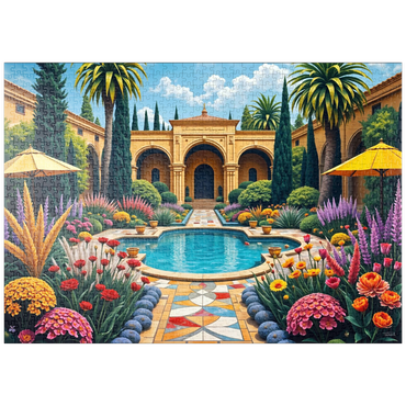 Darstellung des Puzzle Motivs puzzleplate Mediterranean Courtyard Garden with Pool and Colorful Flowers 1000 Puzzle
