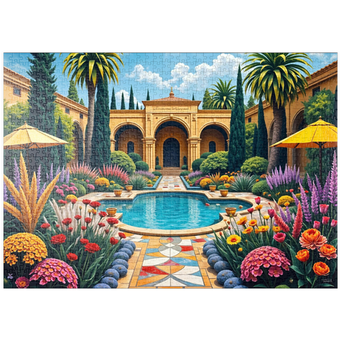 Darstellung des Puzzle Motivs Mediterraner Innenhofgarten mit Pool und bunten Blumen puzzleplate Mediterranean Courtyard Garden with Pool and Colorful Flowers 1000 Puzzle