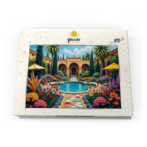 Darstellung des Puzzle Motivs Mediterraner Innenhofgarten mit Pool und bunten Blumen Mediterranean Courtyard Garden with Pool and Colorful Flowers 100 Puzzle Schachtel Ansicht3