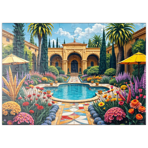 Darstellung des Puzzle Motivs Mediterraner Innenhofgarten mit Pool und bunten Blumen puzzleplate Mediterranean Courtyard Garden with Pool and Colorful Flowers 100 Puzzle