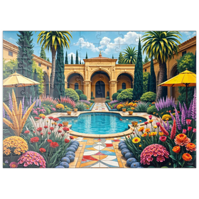 Darstellung des Puzzle Motivs Mediterraner Innenhofgarten mit Pool und bunten Blumen - Puzzleteile: 100