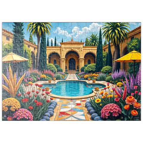 Darstellung des Puzzle Motivs Mediterraner Innenhofgarten mit Pool und bunten Blumen puzzleplate Mediterranean Courtyard Garden with Pool and Colorful Flowers 200 Puzzle