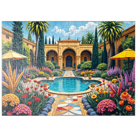 Darstellung des Puzzle Motivs Mediterraner Innenhofgarten mit Pool und bunten Blumen - Puzzleteile: 200