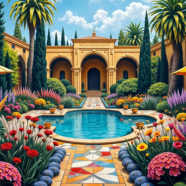 Darstellung des Puzzle Motivs Mediterranean Courtyard Garden with Pool and Colorful Flowers 200 Puzzle 3D Modell