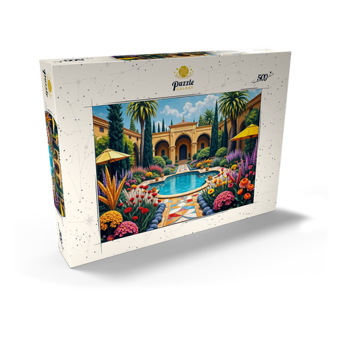 Darstellung des Puzzle Motivs Mediterraner Innenhofgarten mit Pool und bunten Blumen Mediterranean Courtyard Garden with Pool and Colorful Flowers 500 Puzzle Schachtel Ansicht2