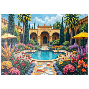 Darstellung des Puzzle Motivs puzzleplate Mediterranean Courtyard Garden with Pool and Colorful Flowers 500 Puzzle