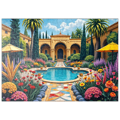 Darstellung des Puzzle Motivs Mediterraner Innenhofgarten mit Pool und bunten Blumen puzzleplate Mediterranean Courtyard Garden with Pool and Colorful Flowers 500 Puzzle