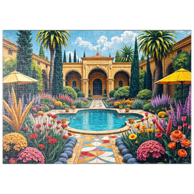 Darstellung des Puzzle Motivs Mediterraner Innenhofgarten mit Pool und bunten Blumen - Puzzleteile: 500