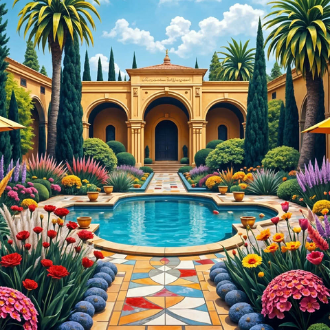 Darstellung des Puzzle Motivs Mediterraner Innenhofgarten mit Pool und bunten Blumen Mediterranean Courtyard Garden with Pool and Colorful Flowers 500 Puzzle 3D Modell
