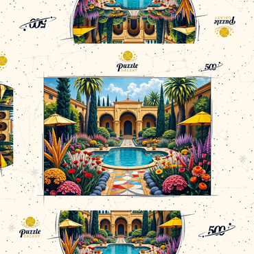 Darstellung des Puzzle Motivs Mediterranean Courtyard Garden with Pool and Colorful Flowers 500 Puzzle Schachtel 3D Modell