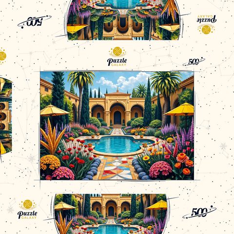 Darstellung des Puzzle Motivs Mediterraner Innenhofgarten mit Pool und bunten Blumen Mediterranean Courtyard Garden with Pool and Colorful Flowers 500 Puzzle Schachtel 3D Modell