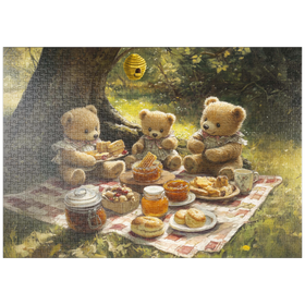 Darstellung des Puzzle-Motivs Entzückendes Teddybär-Picknick in einem sonnigen Wald – Puzzleteile: 1000