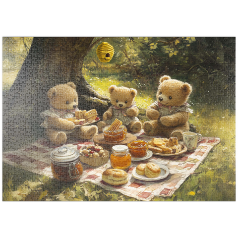 Darstellung des Puzzle Motivs Entzückendes Teddybär-Picknick in einem sonnigen Wald puzzleplate Adorable Teddy Bear Picnic in a Sunny Forest 1000 Puzzle
