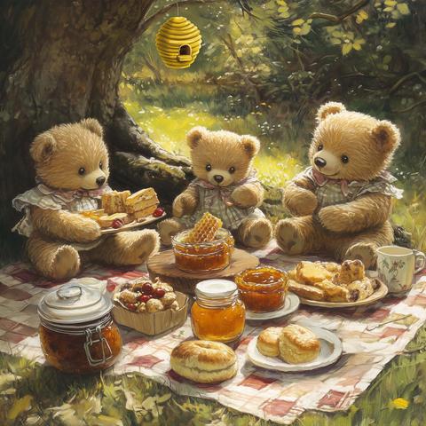 Darstellung des Puzzle Motivs Entzückendes Teddybär-Picknick in einem sonnigen Wald Adorable Teddy Bear Picnic in a Sunny Forest 1000 Puzzle 3D Modell