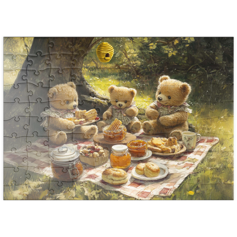 Darstellung des Puzzle Motivs Entzückendes Teddybär-Picknick in einem sonnigen Wald puzzleplate Adorable Teddy Bear Picnic in a Sunny Forest 100 Puzzle
