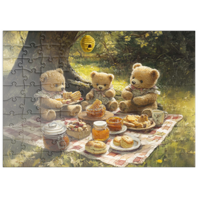 Darstellung des Puzzle Motivs Entzückendes Teddybär-Picknick in einem sonnigen Wald - Puzzleteile: 100
