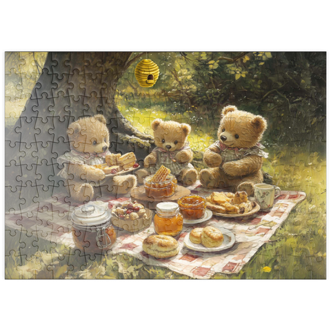 Darstellung des Puzzle Motivs Entzückendes Teddybär-Picknick in einem sonnigen Wald puzzleplate Adorable Teddy Bear Picnic in a Sunny Forest 200 Puzzle