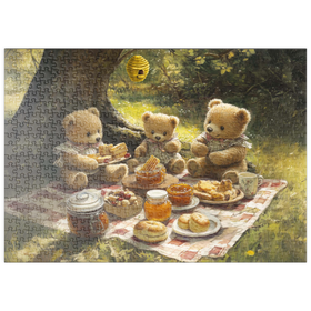 Darstellung des Puzzle-Motivs Entzückendes Teddybär-Picknick in einem sonnigen Wald – Puzzleteile: 500