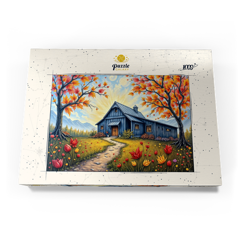 Darstellung des Puzzle Motivs Charmante blaue Scheune in einer Herbstlandschaft mit buntem Laub Charming Blue Barn in an Autumn Landscape with Colorful Foliage 1000 Puzzle Schachtel Ansicht3