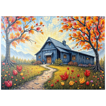 Darstellung des Puzzle Motivs puzzleplate Charming Blue Barn in an Autumn Landscape with Colorful Foliage 1000 Puzzle