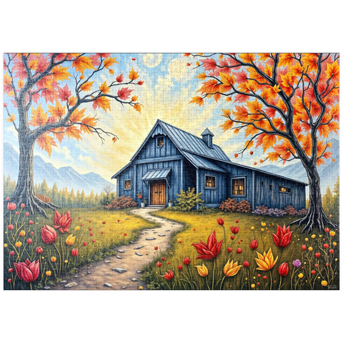 Darstellung des Puzzle Motivs Charmante blaue Scheune in einer Herbstlandschaft mit buntem Laub puzzleplate Charming Blue Barn in an Autumn Landscape with Colorful Foliage 1000 Puzzle