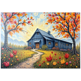 Darstellung des Puzzle Motivs Charmante blaue Scheune in einer Herbstlandschaft mit buntem Laub - Puzzleteile: 1000