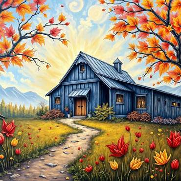 Darstellung des Puzzle Motivs Charming Blue Barn in an Autumn Landscape with Colorful Foliage 1000 Puzzle 3D Modell