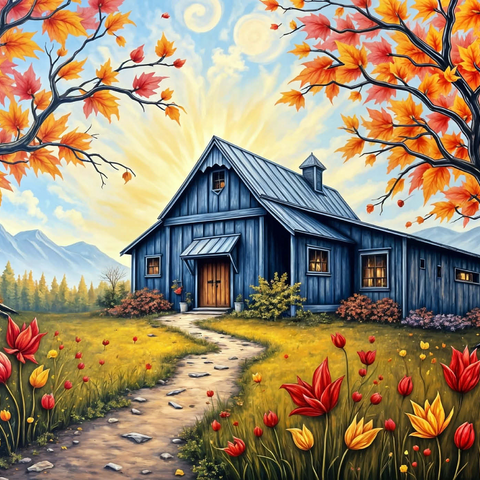 Darstellung des Puzzle Motivs Charmante blaue Scheune in einer Herbstlandschaft mit buntem Laub Charming Blue Barn in an Autumn Landscape with Colorful Foliage 1000 Puzzle 3D Modell