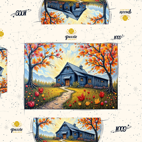 Darstellung des Puzzle Motivs Charmante blaue Scheune in einer Herbstlandschaft mit buntem Laub Charming Blue Barn in an Autumn Landscape with Colorful Foliage 1000 Puzzle Schachtel 3D Modell