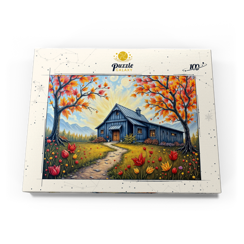 Darstellung des Puzzle Motivs Charmante blaue Scheune in einer Herbstlandschaft mit buntem Laub Charming Blue Barn in an Autumn Landscape with Colorful Foliage 100 Puzzle Schachtel Ansicht3
