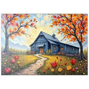 Darstellung des Puzzle Motivs puzzleplate Charming Blue Barn in an Autumn Landscape with Colorful Foliage 100 Puzzle