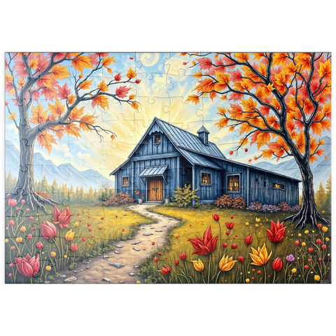 Darstellung des Puzzle Motivs Charmante blaue Scheune in einer Herbstlandschaft mit buntem Laub puzzleplate Charming Blue Barn in an Autumn Landscape with Colorful Foliage 100 Puzzle