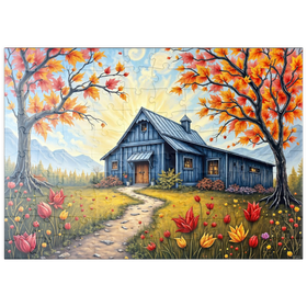 Darstellung des Puzzle Motivs Charmante blaue Scheune in einer Herbstlandschaft mit buntem Laub - Puzzleteile: 100