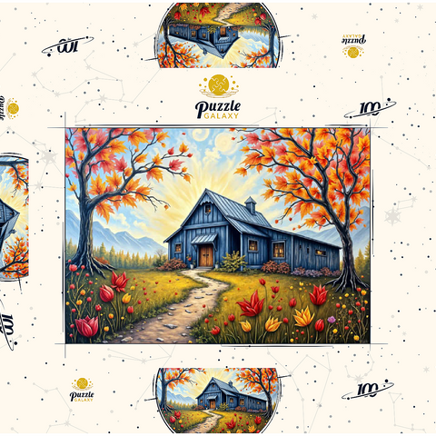 Darstellung des Puzzle Motivs Charmante blaue Scheune in einer Herbstlandschaft mit buntem Laub Charming Blue Barn in an Autumn Landscape with Colorful Foliage 100 Puzzle Schachtel 3D Modell