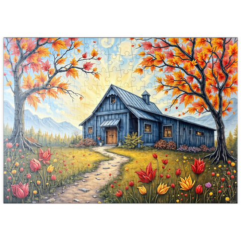 Darstellung des Puzzle Motivs Charmante blaue Scheune in einer Herbstlandschaft mit buntem Laub puzzleplate Charming Blue Barn in an Autumn Landscape with Colorful Foliage 200 Puzzle
