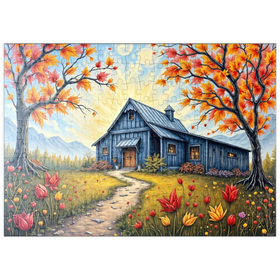 Darstellung des Puzzle Motivs Charmante blaue Scheune in einer Herbstlandschaft mit buntem Laub - Puzzleteile: 200