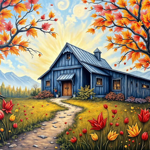 Darstellung des Puzzle Motivs Charmante blaue Scheune in einer Herbstlandschaft mit buntem Laub Charming Blue Barn in an Autumn Landscape with Colorful Foliage 200 Puzzle 3D Modell