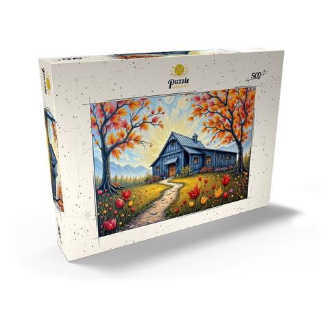 Darstellung des Puzzle Motivs Charmante blaue Scheune in einer Herbstlandschaft mit buntem Laub Charming Blue Barn in an Autumn Landscape with Colorful Foliage 500 Puzzle Schachtel Ansicht2
