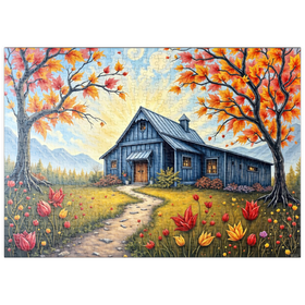 Darstellung des Puzzle-Motivs Charmante blaue Scheune in einer Herbstlandschaft mit buntem Laub – Puzzleteile: 500