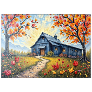 Darstellung des Puzzle Motivs puzzleplate Charming Blue Barn in an Autumn Landscape with Colorful Foliage 500 Puzzle