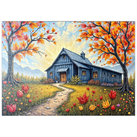 Darstellung des Puzzle Motivs Charmante blaue Scheune in einer Herbstlandschaft mit buntem Laub puzzleplate Charming Blue Barn in an Autumn Landscape with Colorful Foliage 500 Puzzle
