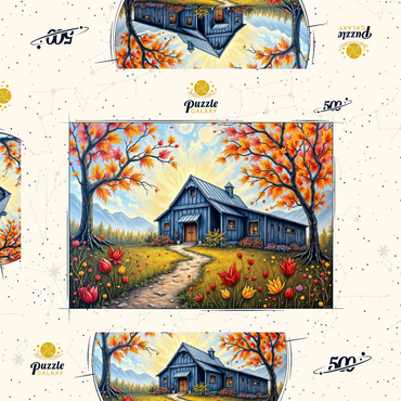 Darstellung des Puzzle Motivs Charming Blue Barn in an Autumn Landscape with Colorful Foliage 500 Puzzle Schachtel 3D Modell
