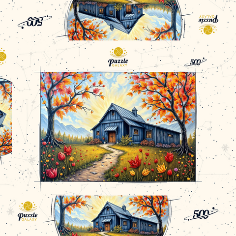 Darstellung des Puzzle Motivs Charmante blaue Scheune in einer Herbstlandschaft mit buntem Laub Charming Blue Barn in an Autumn Landscape with Colorful Foliage 500 Puzzle Schachtel 3D Modell