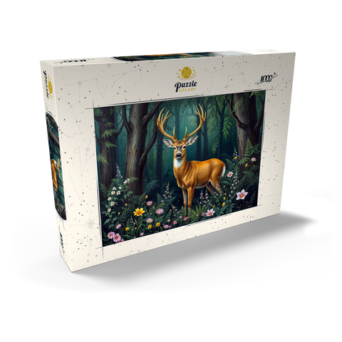 Darstellung des Puzzle Motivs Majestätischer Hirsch in einem ruhigen Wald mit Wildblumen Majestic Deer in a Serene Forest with Wildflowers 1000 Puzzle Schachtel Ansicht2