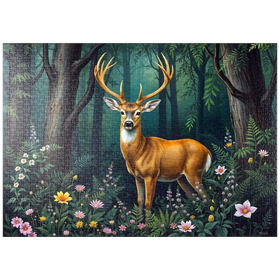 Darstellung des Puzzle-Motivs Majestätischer Hirsch in einem ruhigen Wald mit Wildblumen – Puzzleteile: 1000