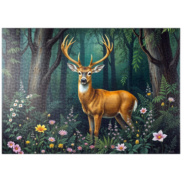 Darstellung des Puzzle Motivs puzzleplate Majestic Deer in a Serene Forest with Wildflowers 1000 Puzzle